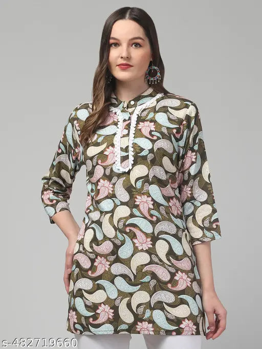 Women printed laces 3/4 sleeve rayon short kurti