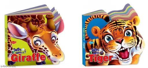 Giraffe and Tiger 'Who Am I' Die-Cut Shape Board-Book for kids : Die cut books for kids Animals story book for kids Shaped board book for kids - Combo of 2 board books