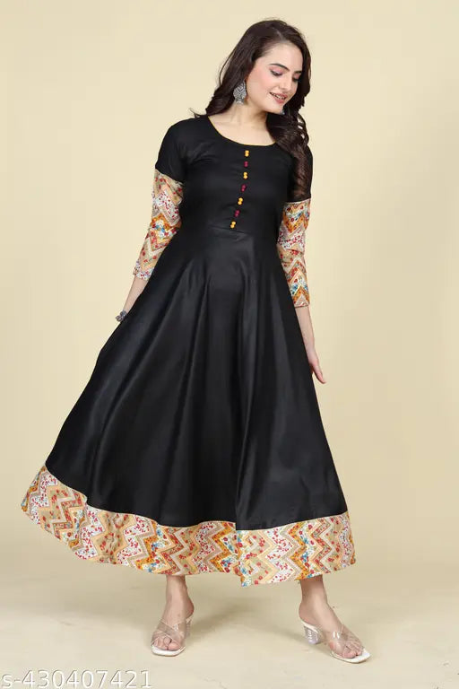 Trendy Black Color Ethnic Solid Printed Round Neck Flared Kurti