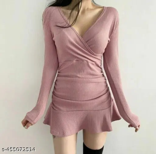 EYEBOGLERR WOMEN SLIM FIT FULL SLEEVE DRESS peach