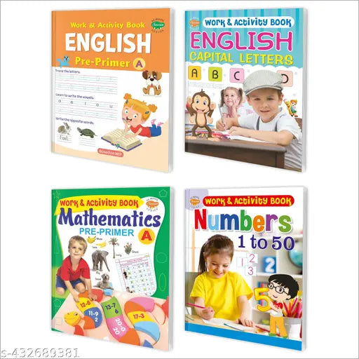 Work & Activity english capital letters Pre-Primer—A Numbers 1 to 50 and Mathematics Pre Primer—A book for kids : Activity book for kids Educational workbook Learning activities for kids - Pack of 4 Educational Books.