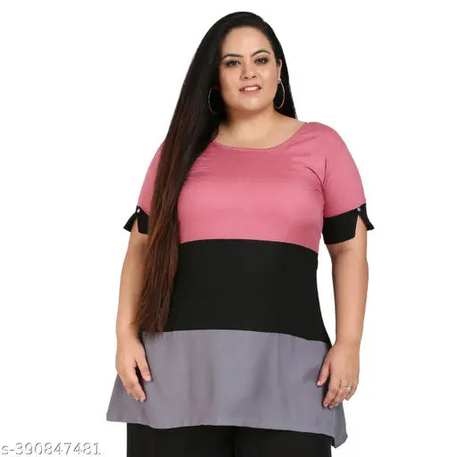 FAZZN Plus Size Inclusive Multi Color Round Neck Half Sleeves Rayon Top