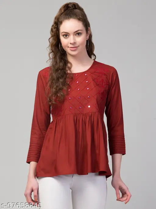 Women Girls Embroidered Cotton Pleated and Gathered Solid Empire Kurta Top