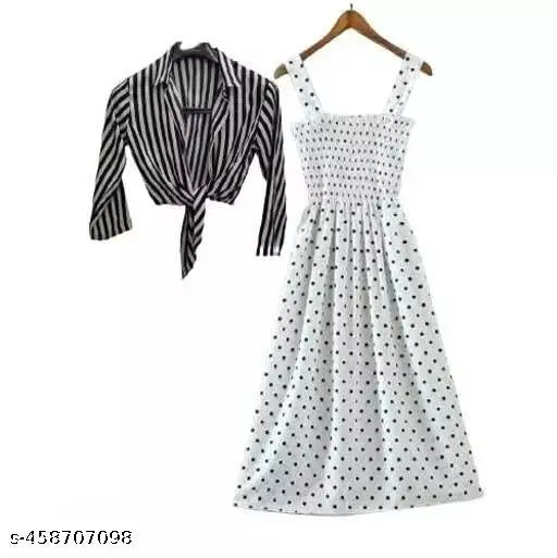 Nature Craft Women Stylish and Trendy Polka Stripe Grey Shrug Smoking White Dress for women