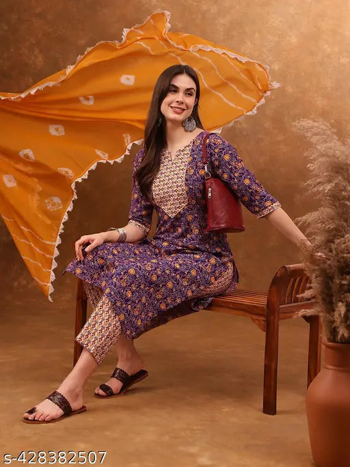 Women's Flower Printed Kurta with Pant Ethnic Set