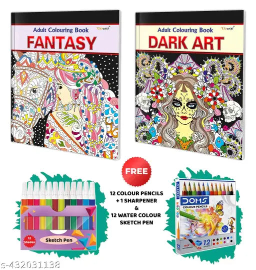 Fantasy - Adult Colouring Book Dark Art - Adult Colouring Book 12 WATER COLOUR SKETCH PEN and 12 COLOUR PENCILS + 1 SHARPENER
