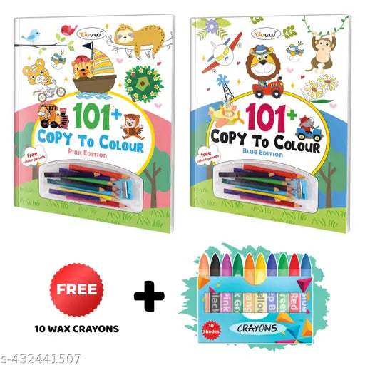 101+ Copy to Colour - Pink and Blue Edition with 10 Wax Crayons : Kids Learning Art Book Copy and Color book Coloring Fun for Kids - Combo of 2 Copy to Colour Books