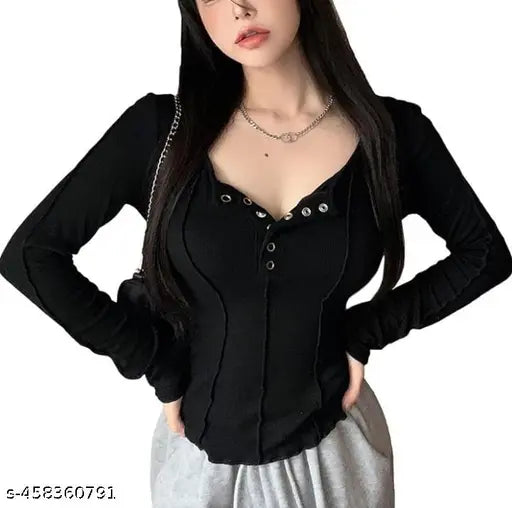 STYLISH CROP TOP TICH BOTTON BLACK