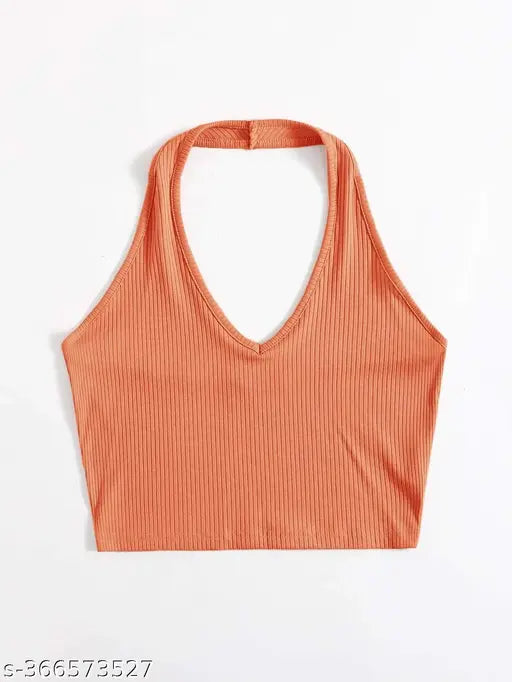 SUTBIT Halter Neck Crop Ribbed Women Top