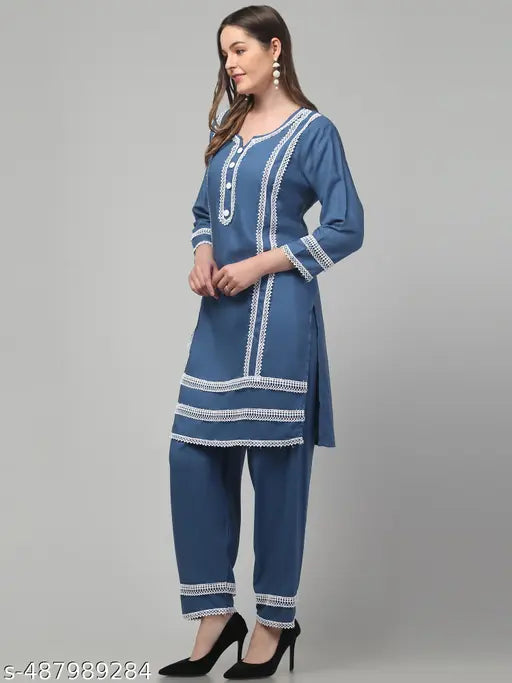 Women solid 3/4 sleeve lace long kurta with pants set