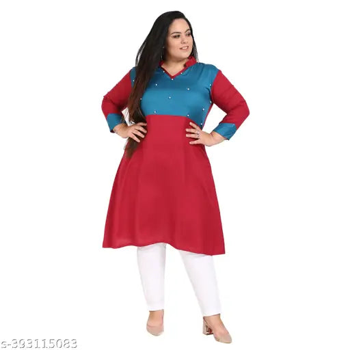 FAZZN Plus Size Multi Rayon Straight V Neck Solid Kurti