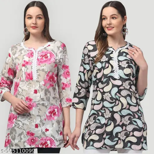 Women printed multicolou rayon embroded short kurti pack of 2