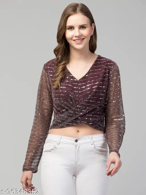 Women Girls Knot Style Tinsel Bling Party Top