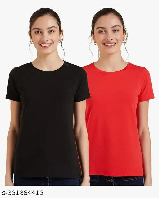 Nature Craft Black&Red Cotton Solid T-shirt For Women