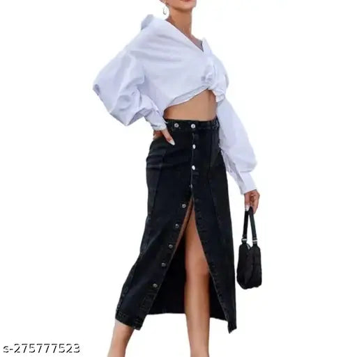 Woman Black Denim Long Skirt