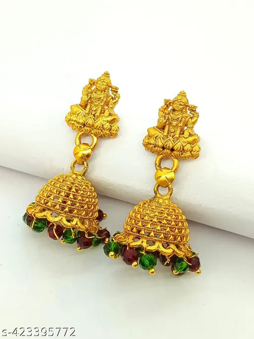 Beautiful Matte Finish Red-green Lakshmi Designer Earrings
