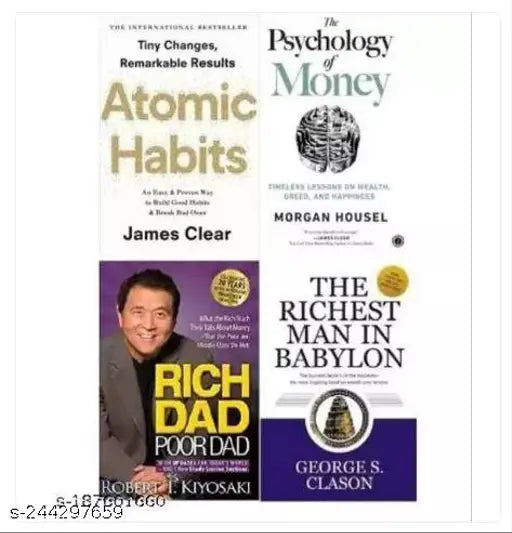 4 Books Combo Atomic Habits The Psychology of Money Rich Dad Poor Dad And The Richest Man In Babylon (English Paperback Morgan Housel Robert T. Kiyosaki George S. Clason James Clear)