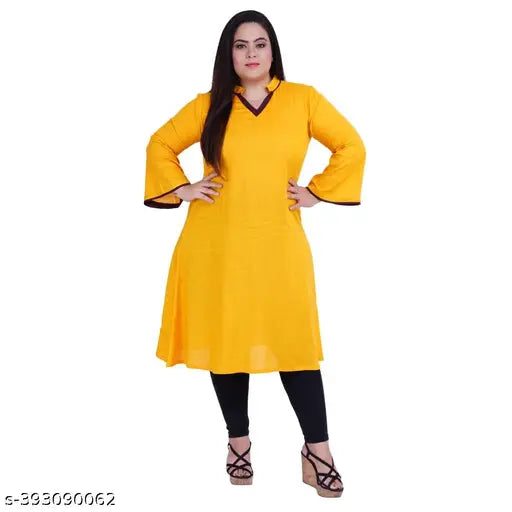 FAZZN Plus Size Customizable Knee Length Yellow Rayon Kurti with V Neck