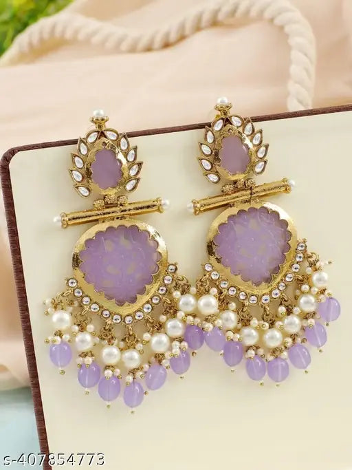 Lavender Pearl Kundan Chandbali Danglers for Weddings