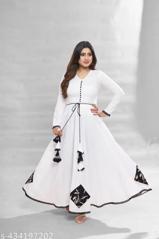 Ashima Designer White color solid Print V-Neck with Patch Work Rayon Flared Anarkali Gown