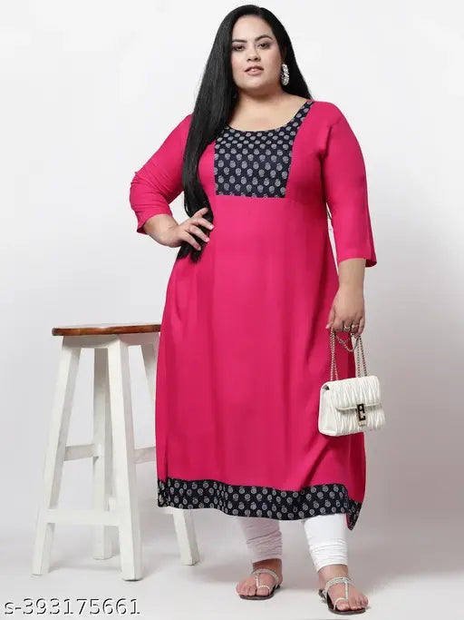 FAZZN Plus Size Rayon Ankle Length Straight Round Neck Pink Screen Printed Kurti