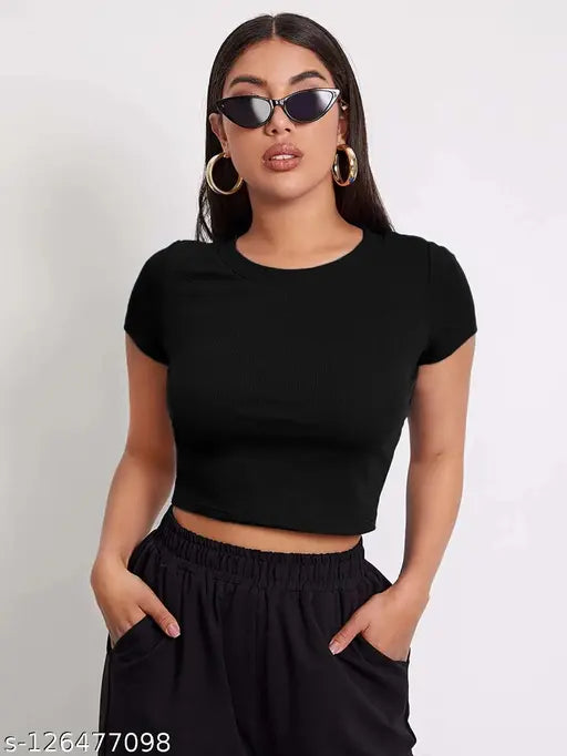 Women Round Neck Half Sleeve Casual Crop Ribbed Top
