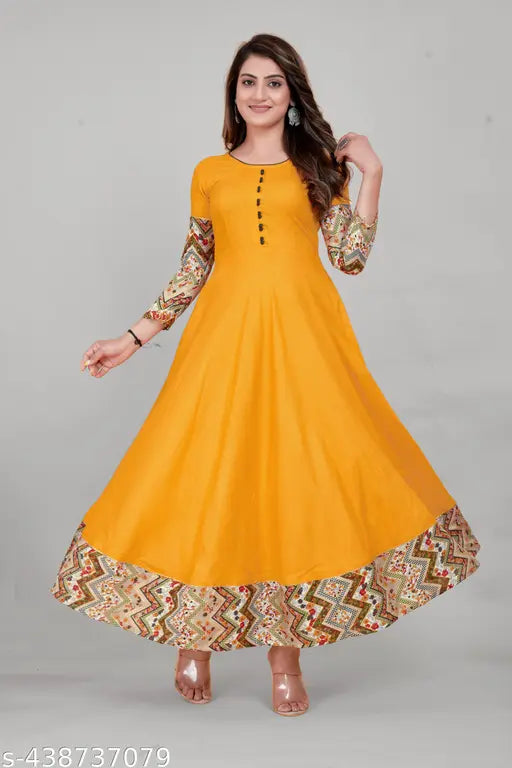 Trendy Mustard Color Ethnic Solid Printed Round Neck Tie-Up Flared Kurti