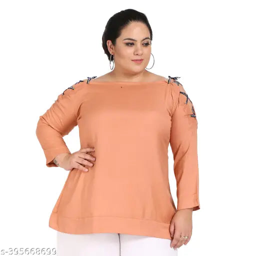 FAZZN Plus Size Versatile Brown Off Shoulder Full Sleeves Rayon Top
