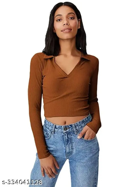 Women Sleveeless Polo Collar Ribbed Full Sleeve Solid Cotton Crop Tops & Tunics