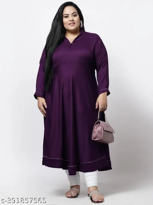 FAZZN Plus Size Rayon Ankle Length Straight Kurti with V Neck (Purple)