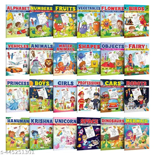Alphabet Numbers Fruits Vegetables Flowers Birds Vehicle Animals and many more - Creative Copy to Colour book : Toddlers Coloring Book Colouring for Kids Ages 3-12 - Pack of 24 Colouring books
