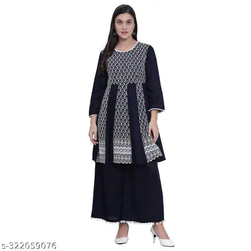 Nature Craft Navy Blue Georgette embroidered Women Kurti With Palazzo