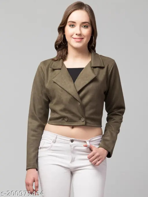 Women Solid Double-Breasted Casual Suede Blazer