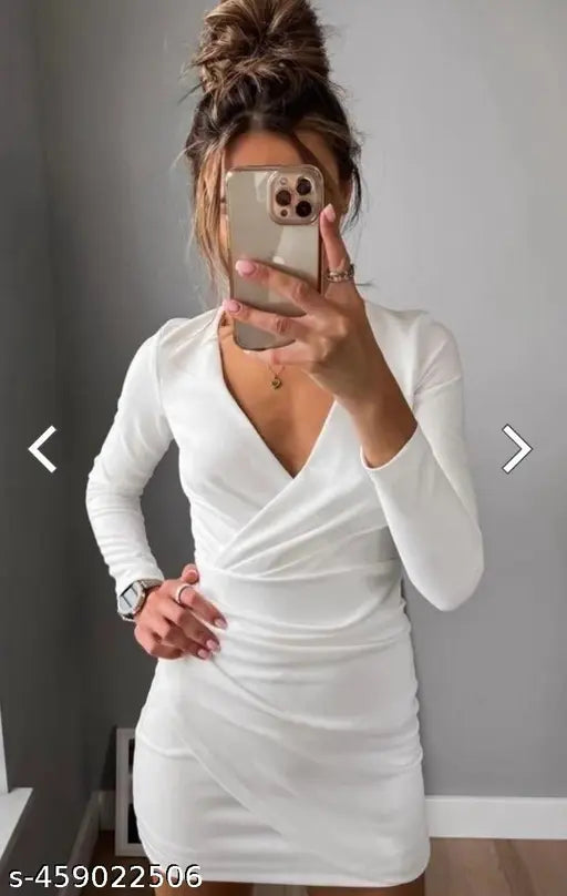 Ribbed Midi Dresses for Women V Neck Clothes Long Sleeve Ruffles Bodycon Dresses Autumn white