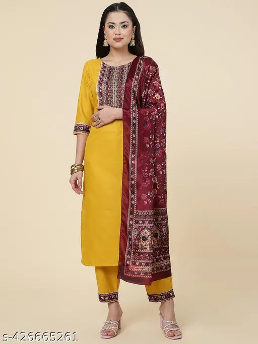 Women's Embroidered Kurta and Palazzo with Dupatta Set