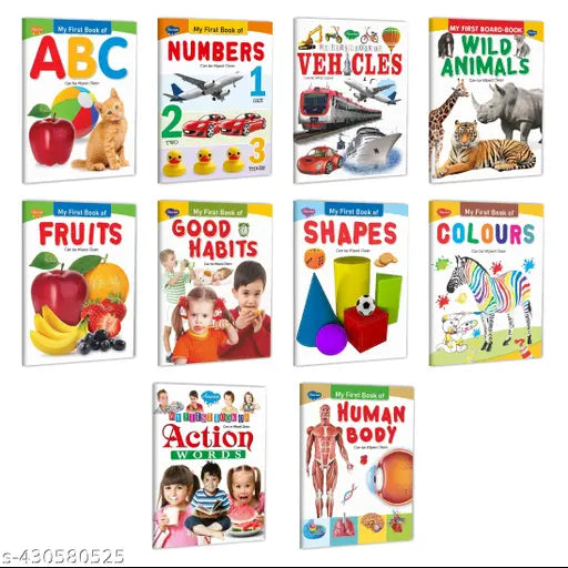 My First Book of ABC Numbers Vehicles Wild Animals Fruits Good Habits Shapes Colours Action Words and Human Body book for kids