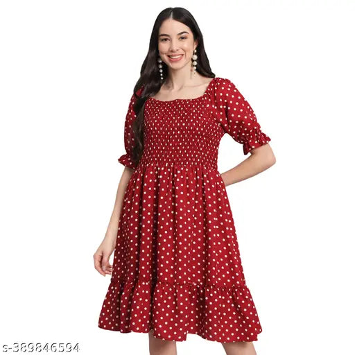 Nature Craft Maroon Fancy Polka Dot Crepe Half sleeve Dress