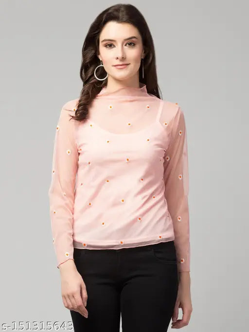 Stylish Embroidered High Neck Mesh Top