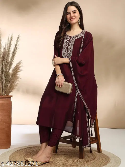 Women's Embroidered Kurta and Pant with Dupatta Set