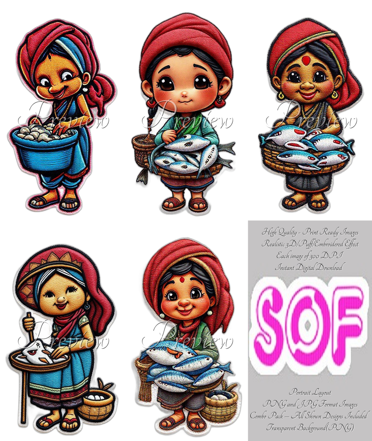 Woman Selling Fishes Theme Pack of 5 Digital Images | 300 DPI Printable Art | Print on Demand Images