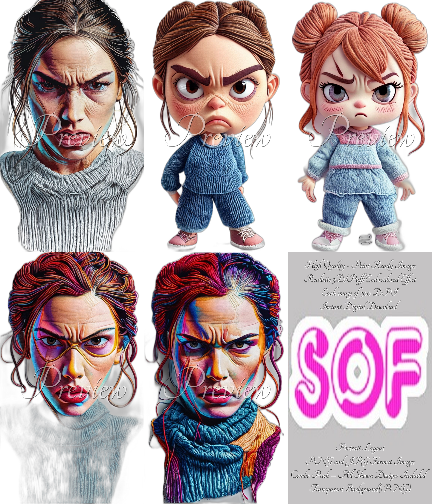 Angry Woman #style1 Theme Pack of 5 Digital Images | 300 DPI Printable Art | Print on Demand Images