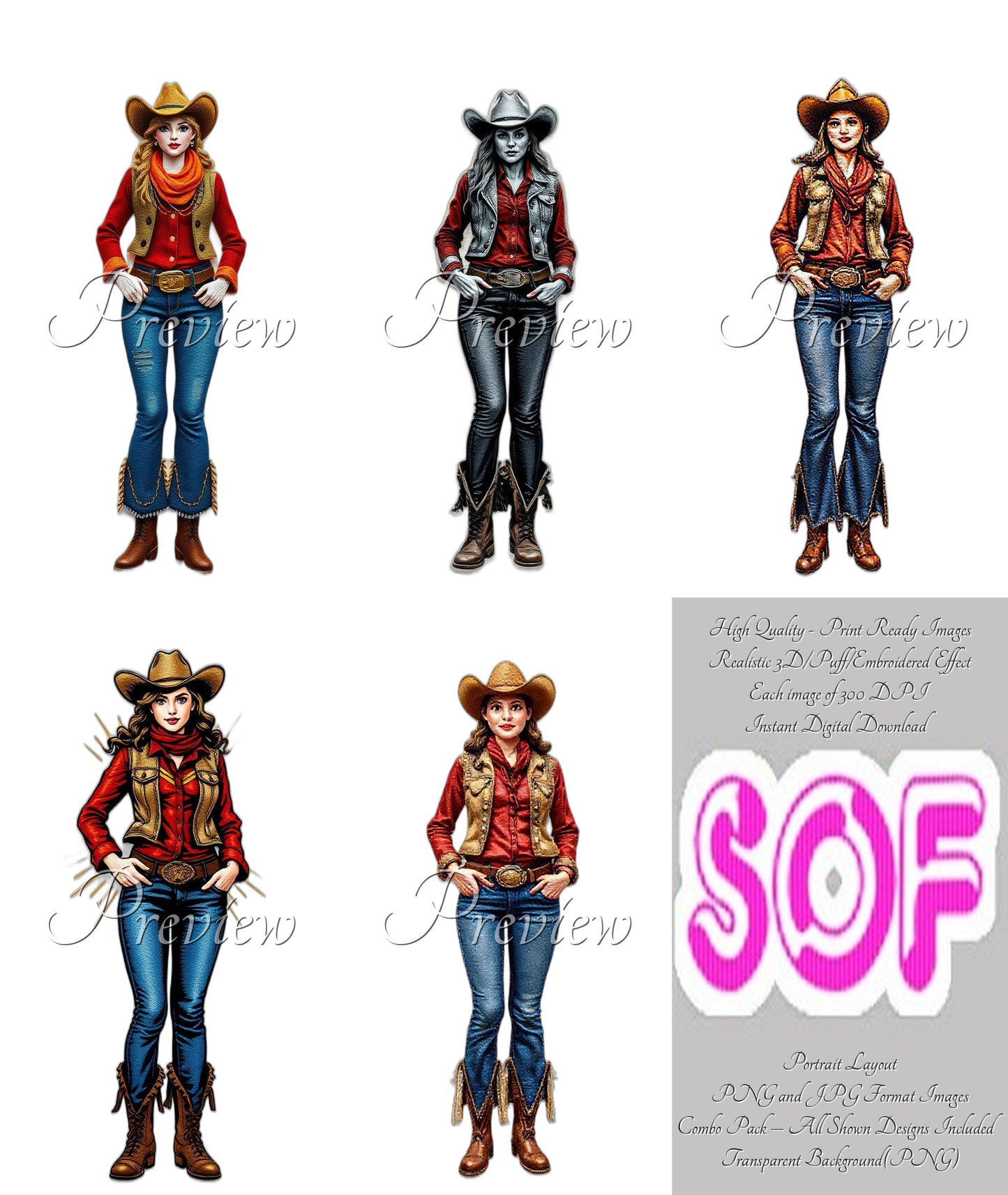 Woman in Western Outfit Theme Pack of 5 Digital Images | 300 DPI Printable Art | Print on Demand Images