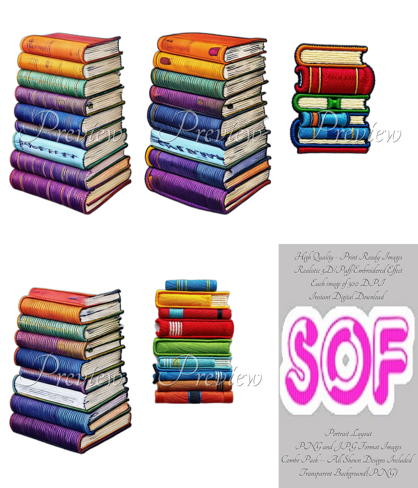 Book Stack Theme Pack of 5 Digital Images – 300 DPI Printable Art | Instant Download