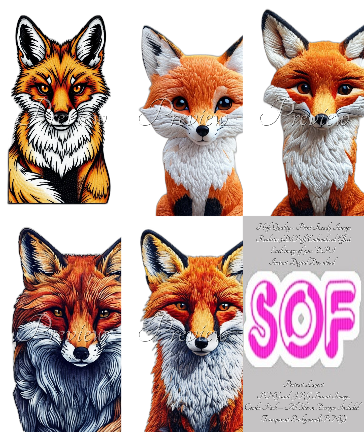 Fox Style#1 Theme Pack of Buy 1 Get 4 Free Digital Images – 300 DPI Printable Art | Ready to Print | Print on Demand Image | Instant Download