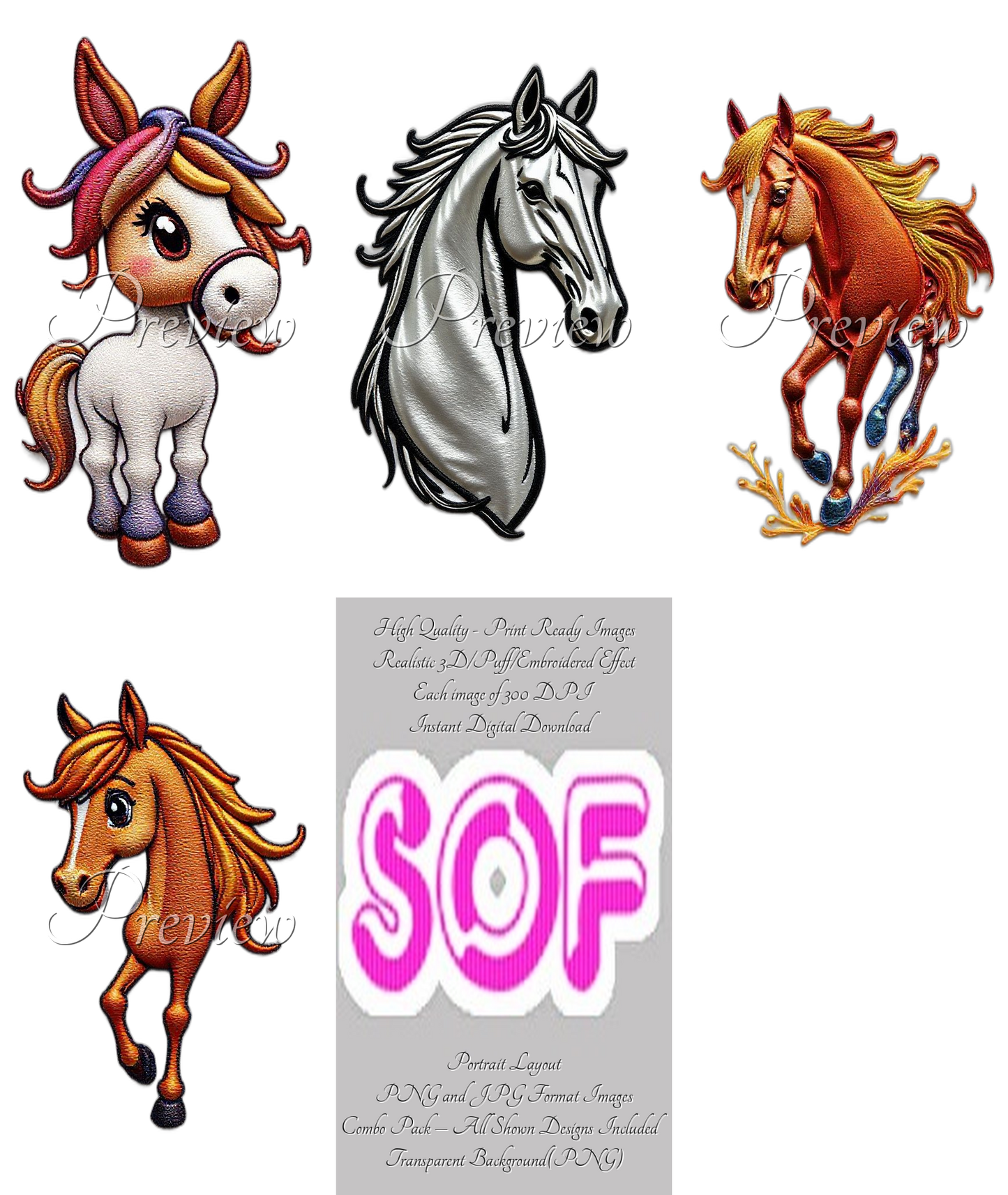 Horse Theme Pack of 4 Digital Images – 300 DPI Printable Art