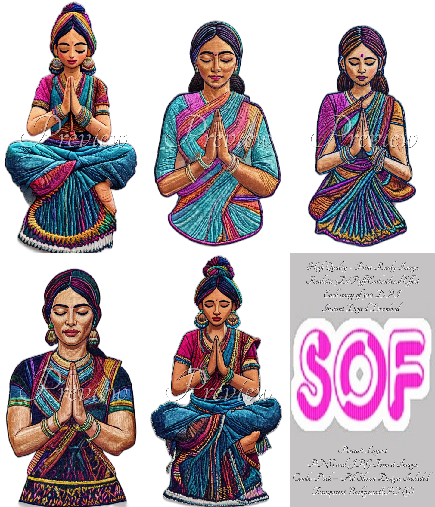 Indian Woman Namaste #style1 Theme Pack of 5 Digital Images | 300 DPI Printable Art | Print on Demand Images
