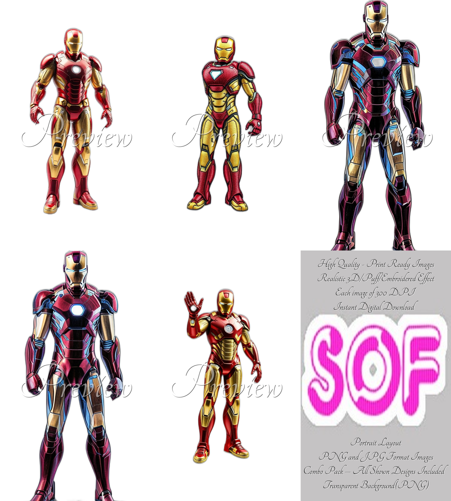 Iron Man Set#1 Theme Pack of 5 Digital Images – 300 DPI Printable Art | Ready to Print | Print on Demand Image | Instant Download