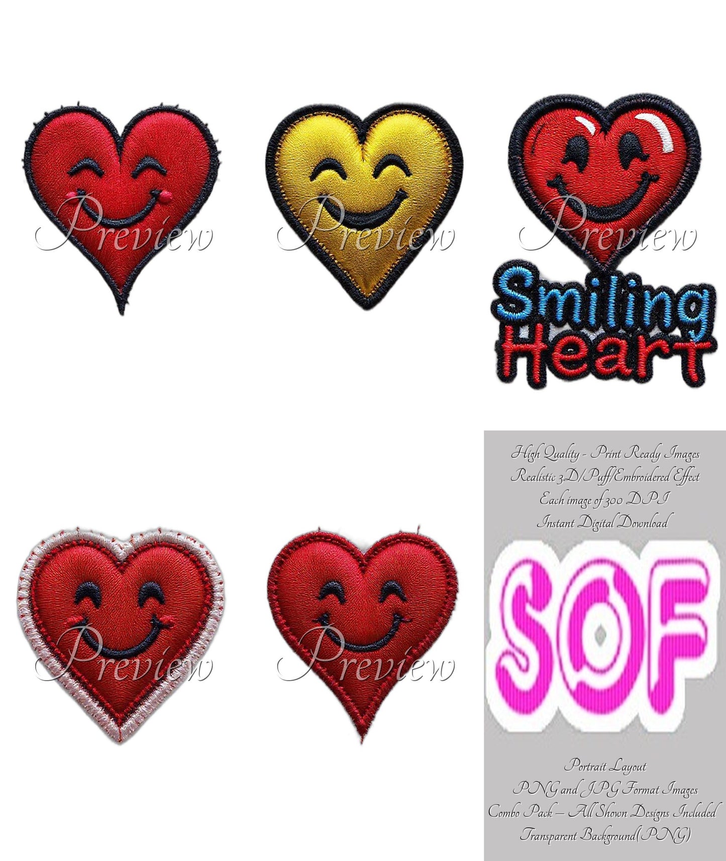 Smiling Heart Theme Pack of 5 Digital Images | 300 DPI Printable Art | Print on Demand Images