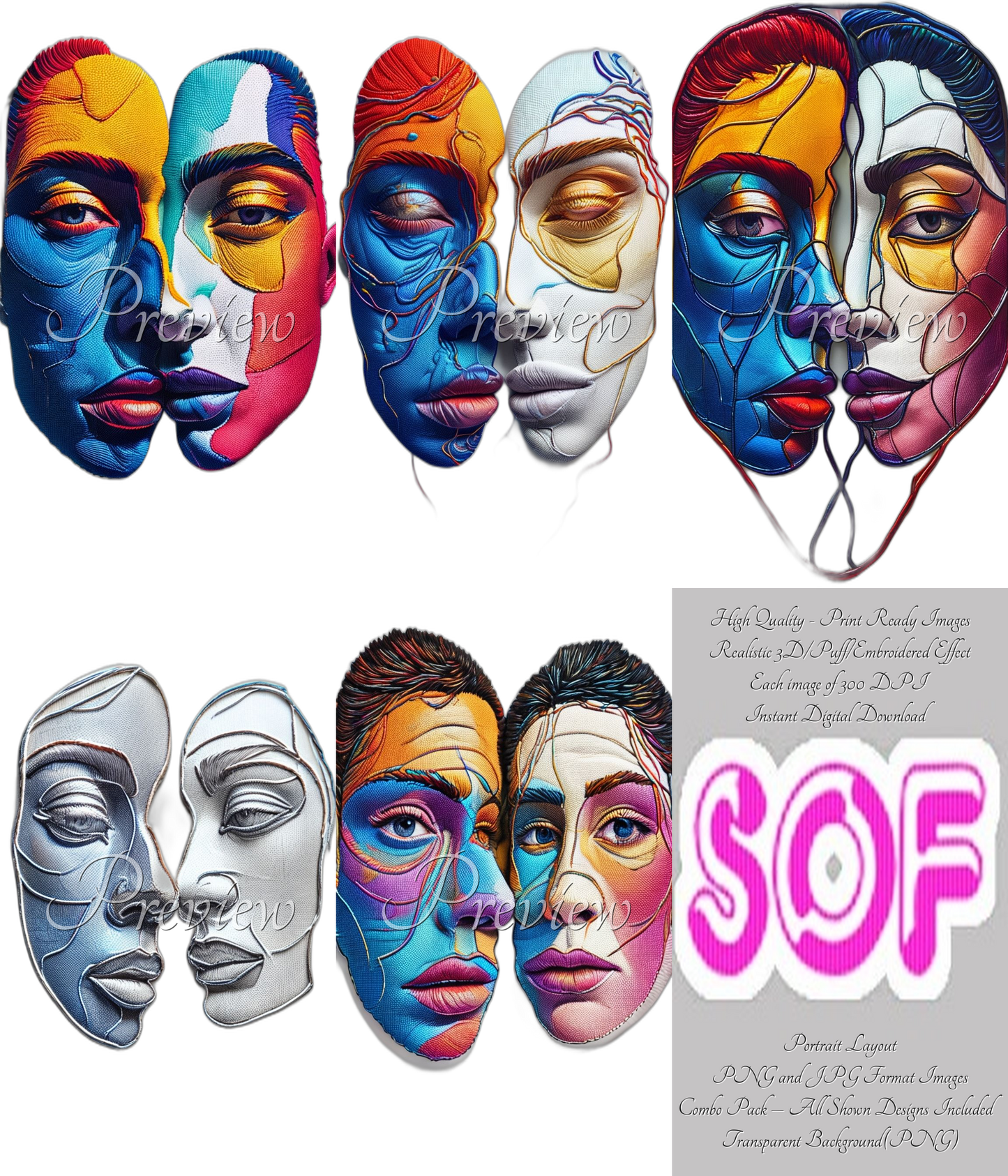 Two Human Faces #style1 Theme Pack of 5 Digital Images | 300 DPI Printable Art | Print on Demand Images