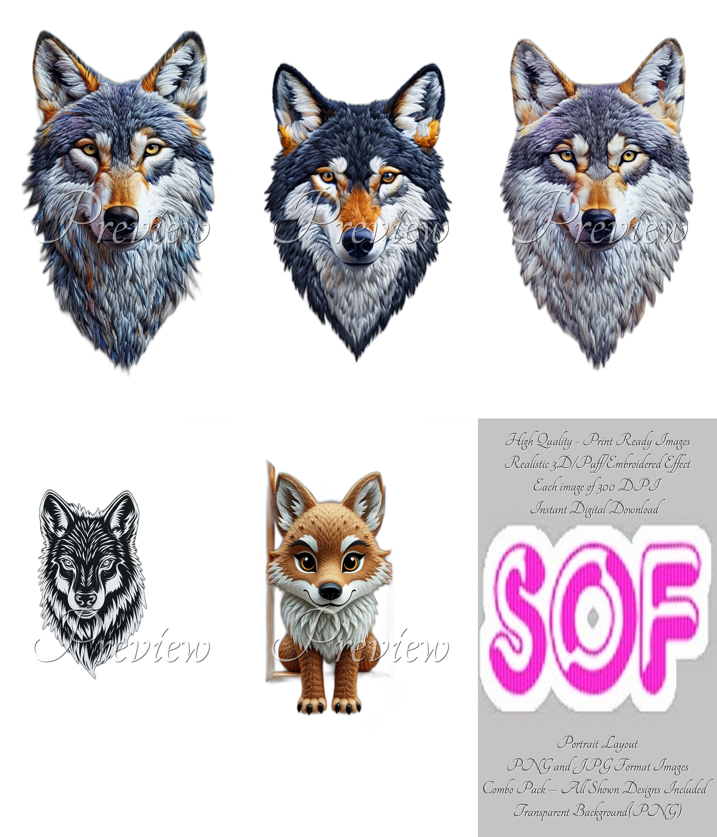 Wolf #set7 Theme Pack of 5 Digital Images – 300 DPI Printable Art | Instant Download